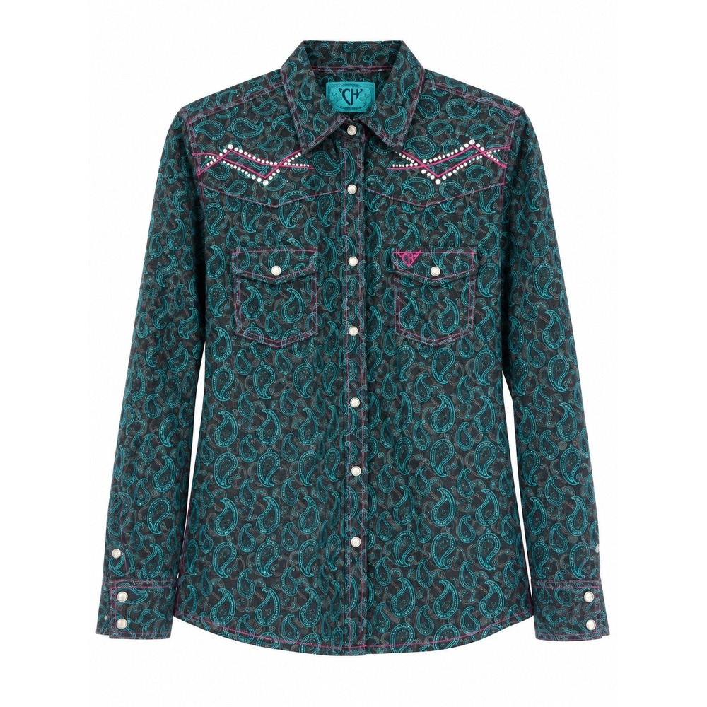 Cowgirl Hardware Western Snap Shirt Paisley Rhinestone Teal Pink M Country Chic